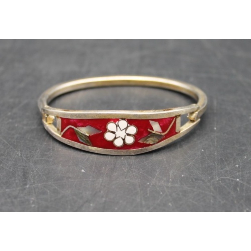 Vintage Mexico Sterling Silver Red Enamel Child Bangle Bracelet Mother of Pearl